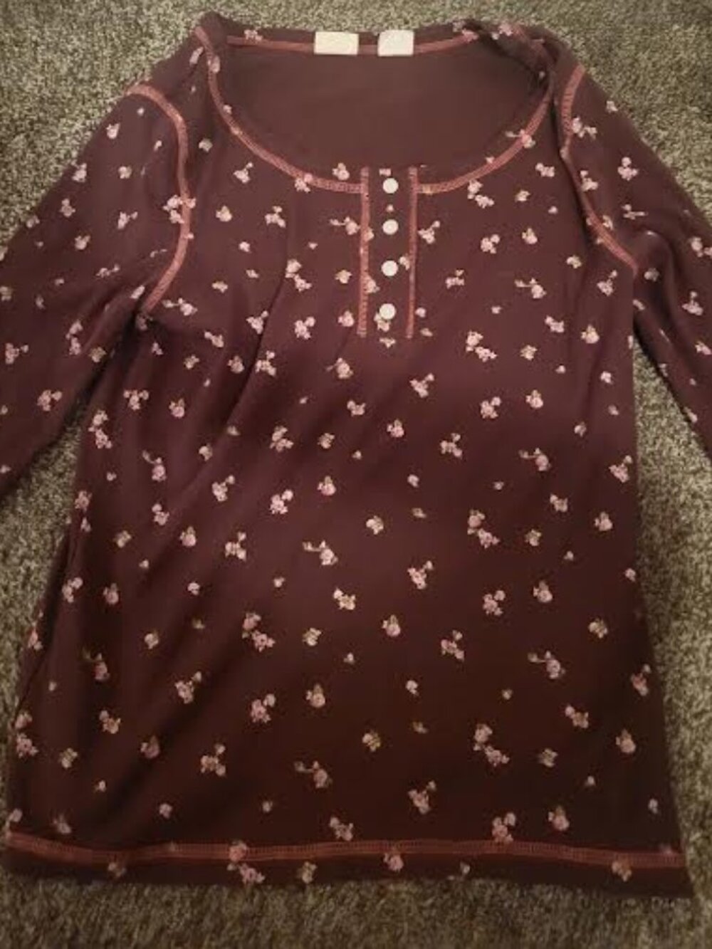 Women's Levi's Chocalate Brown Long Sleeve Pink Floral Henley Top Size M